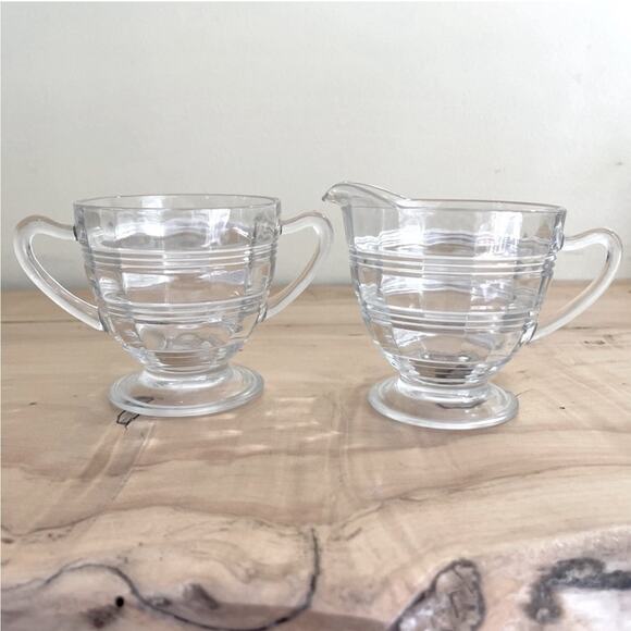 Vtg Anchor Hocking Glass Banded Rings Creamer Sugar Bowl Set 1927-1933 - Picture 2 of 9